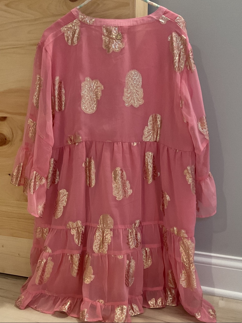 NWT, baby doll Simply Southern Pink Tiered Dress with Gold Foil Accents. - Picture 2 of 10